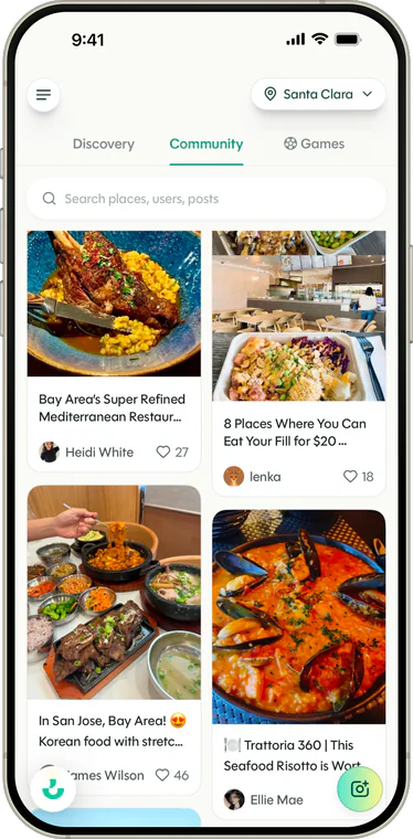 Wanderboat community tab: a grid of user posts about Bay Area restaurants with author names and like counts.