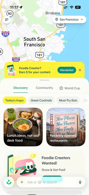 Wanderboat app home: a map of San Francisco above a Today's Inspo feed of visual place cards.