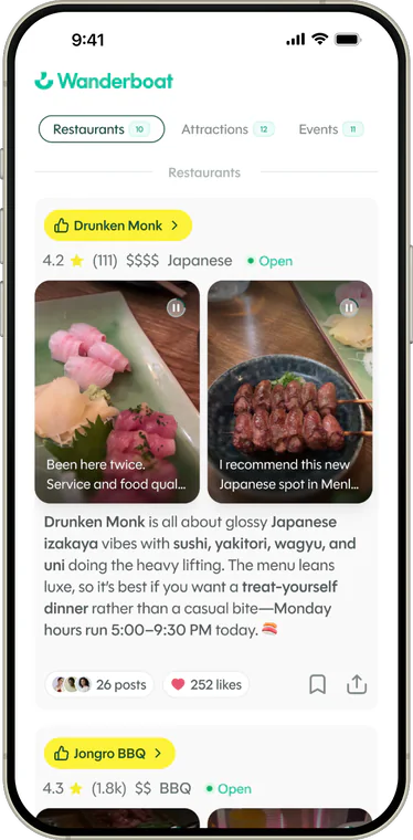 Wanderboat app search results: restaurant cards with creator video thumbnails, ratings, price and an AI-written summary of the room.